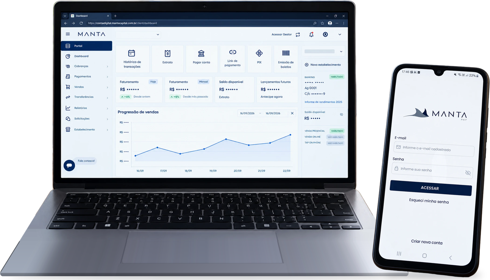 Conta digital Manta no notebook e app Manta Pay no celular
